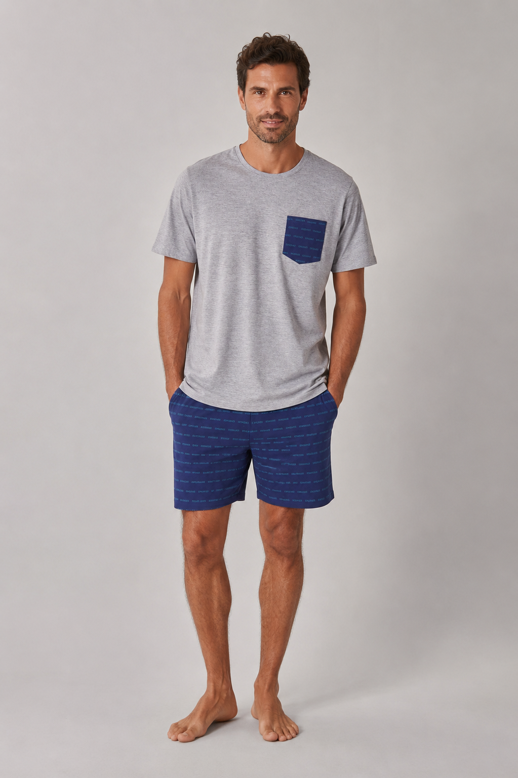 Pijama Corto de Hombre Waterlemon Gris y Azul con Bolsillo