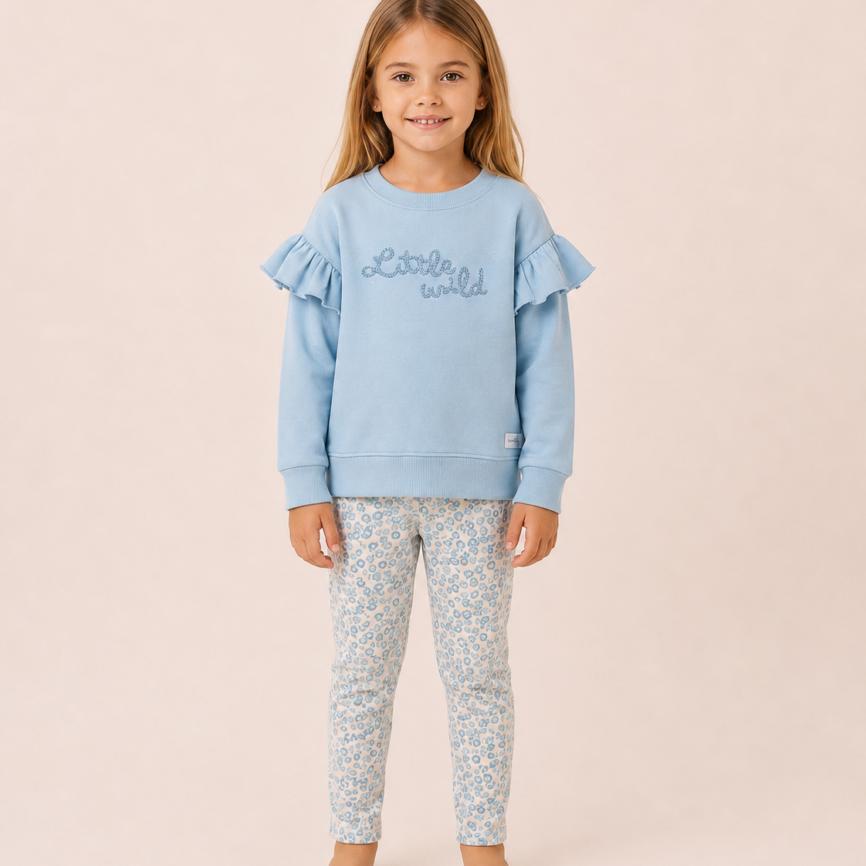 Conjunto Infantil de Algodón para Niña – Sudadera Azul con Volantes y Pantalón Estampado
