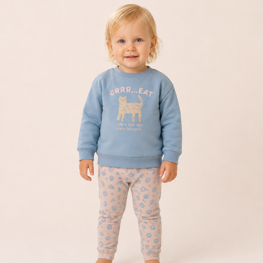 Conjunto Infantil de Algodón para Niña – Sudadera Azul y Pantalón Estampado