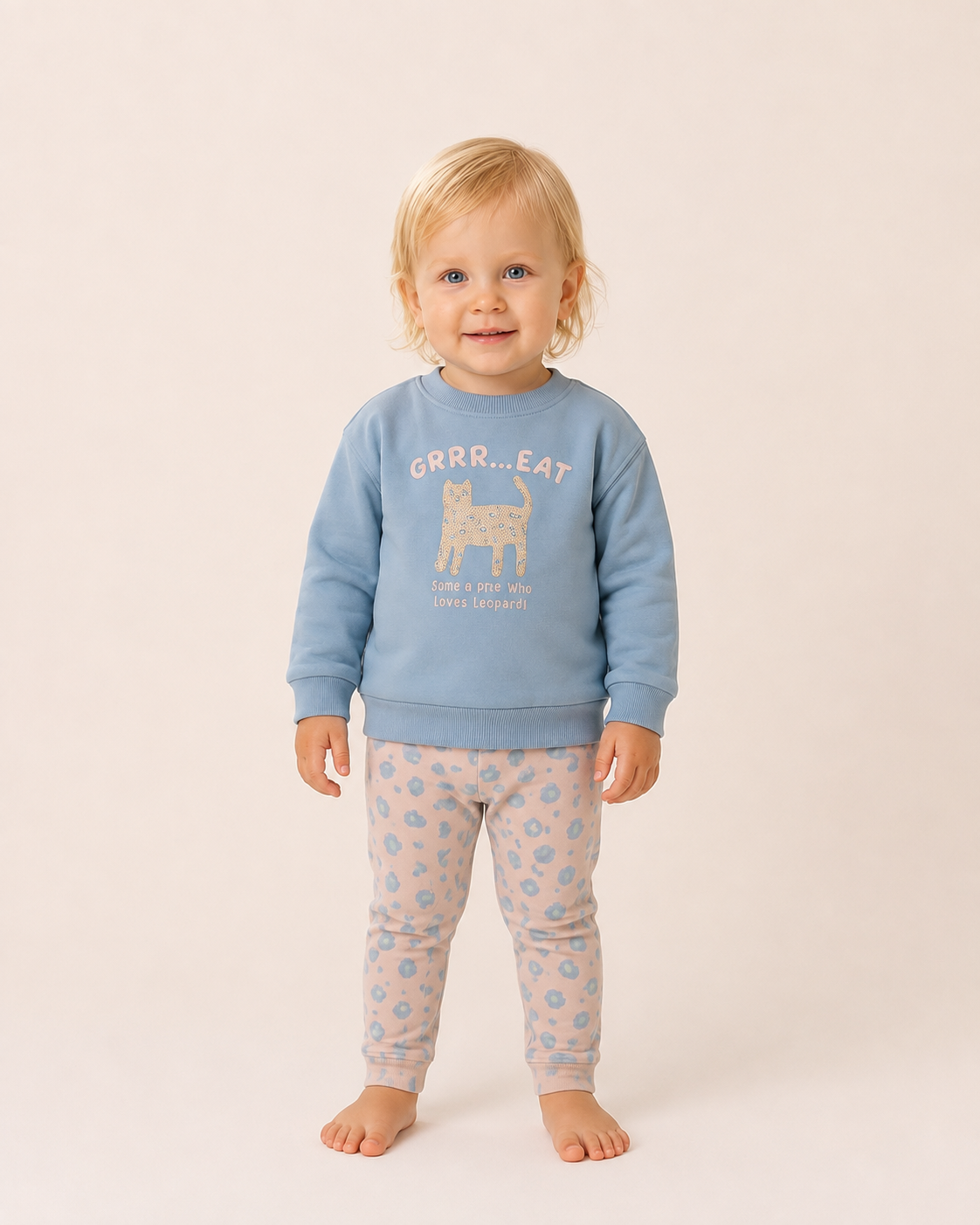 Conjunto Infantil de Algodón para Niña – Sudadera Azul y Pantalón Estampado