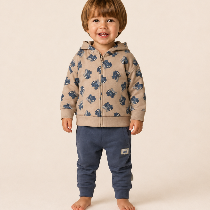 Conjunto de Chándal Bebé de Algodón con Capucha y Cremallera – Beige y Azul