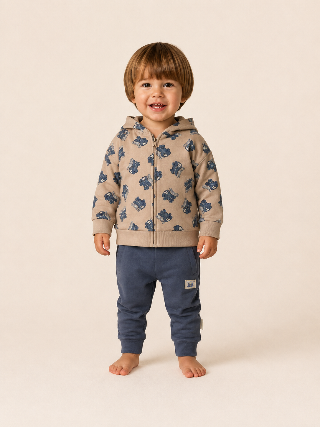 Conjunto de Chándal Bebé de Algodón con Capucha y Cremallera – Beige y Azul