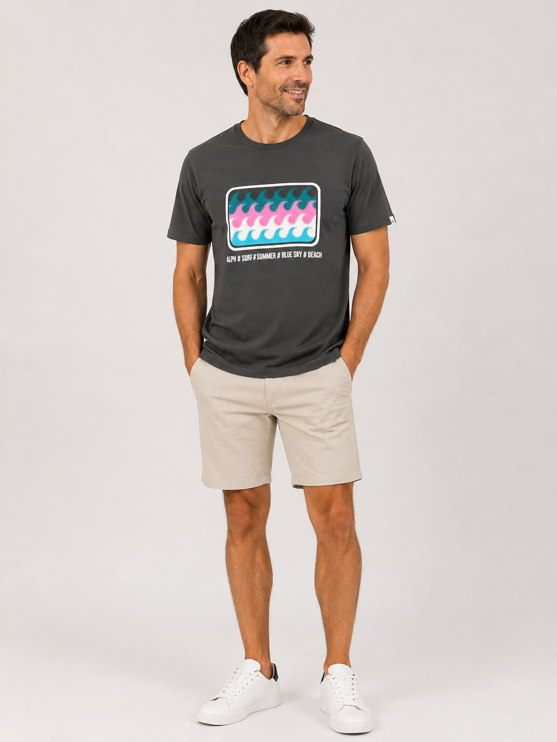 Camiseta de Hombre Blanca de Manga Corta con Estampado Surf Retro | Algodón y Poliéster - Imagen 3