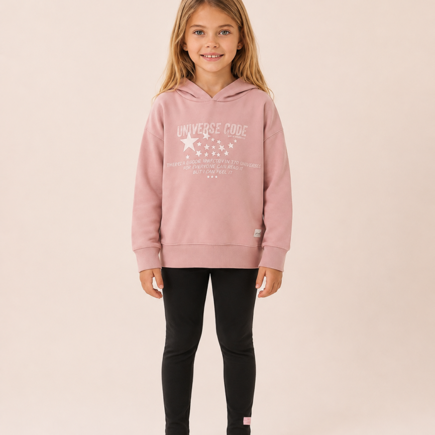 Conjunto Infantil de Algodón para Niña – Sudadera Rosa con Capucha y Leggings Negros