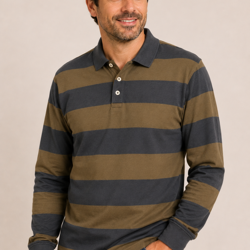 Polo Losan Hombre Manga Larga a Rayas Marrón y Gris
