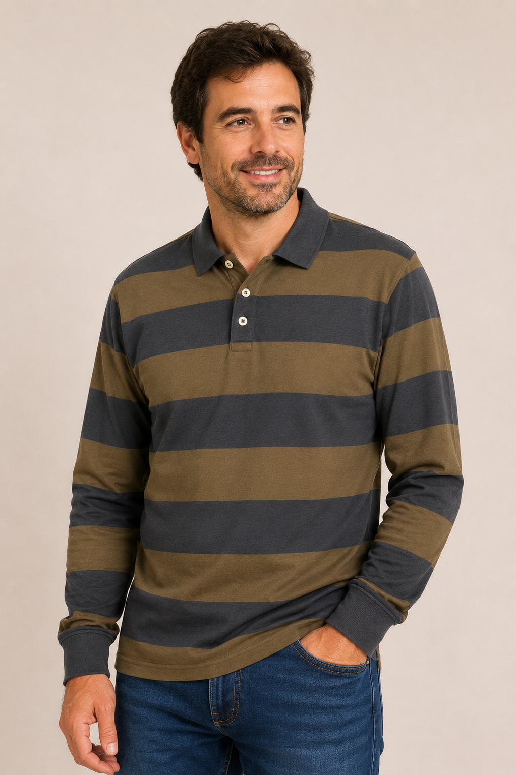 Polo Losan Hombre Manga Larga a Rayas Marrón y Gris