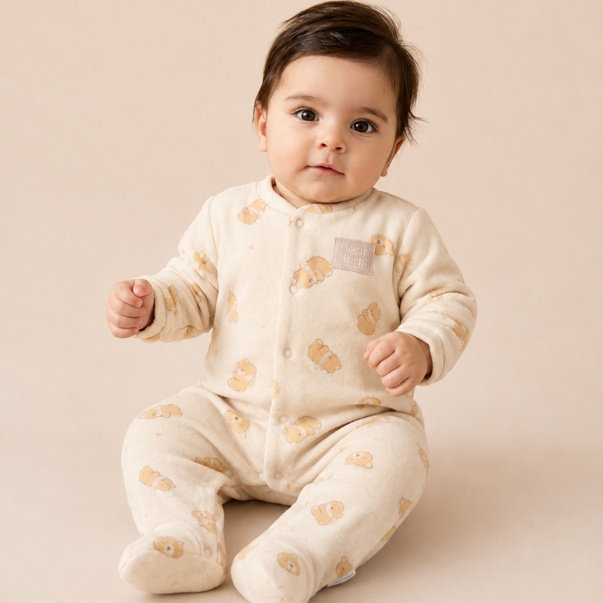 Pelele de Bebé 75% Algodón Tacto Aterciopelado – Ositos Beige