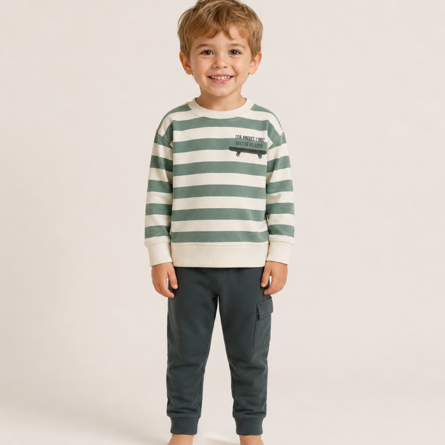 Conjunto Infantil de Algodón Niño con Sudadera de Rayas Verde y Blanco