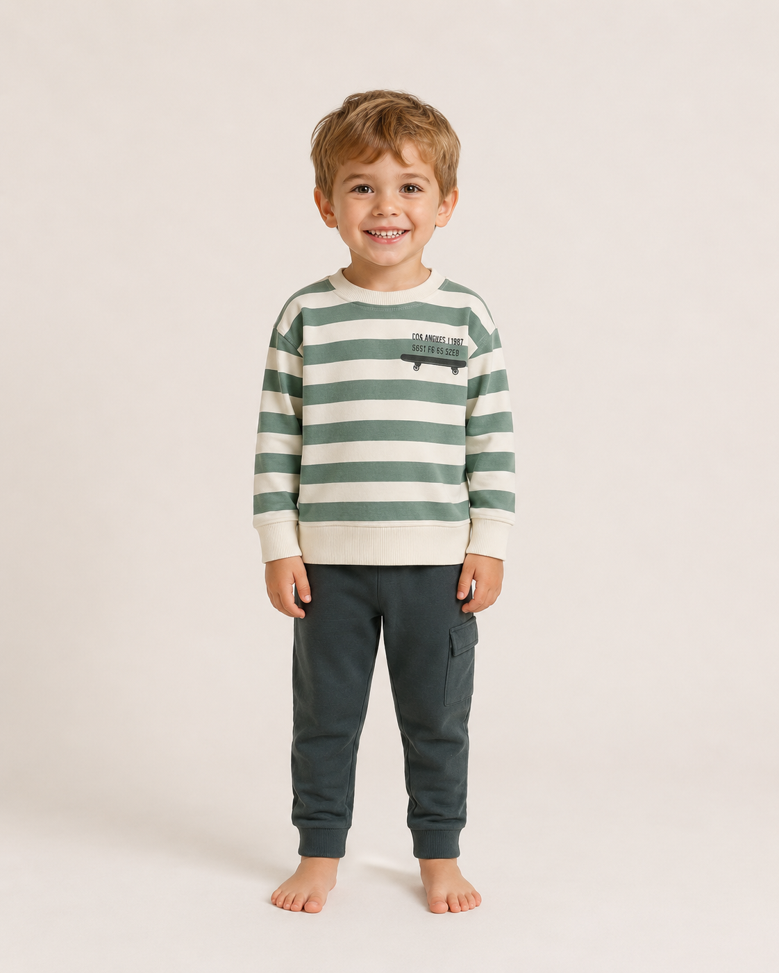 Conjunto Infantil de Algodón Niño con Sudadera de Rayas Verde y Blanco