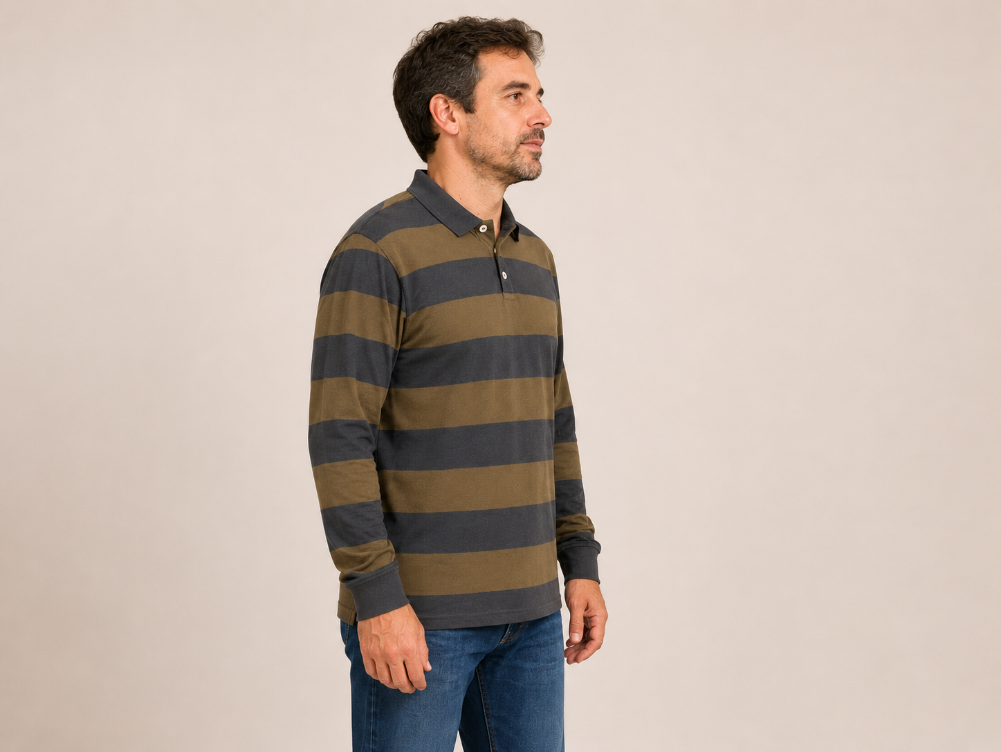 Polo Losan Hombre Manga Larga a Rayas Marrón y Gris - Imagen 2