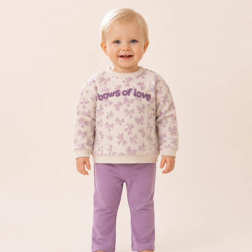 Conjunto Infantil de Algodón para Niña – Sudadera Estampada y Pantalón Lila