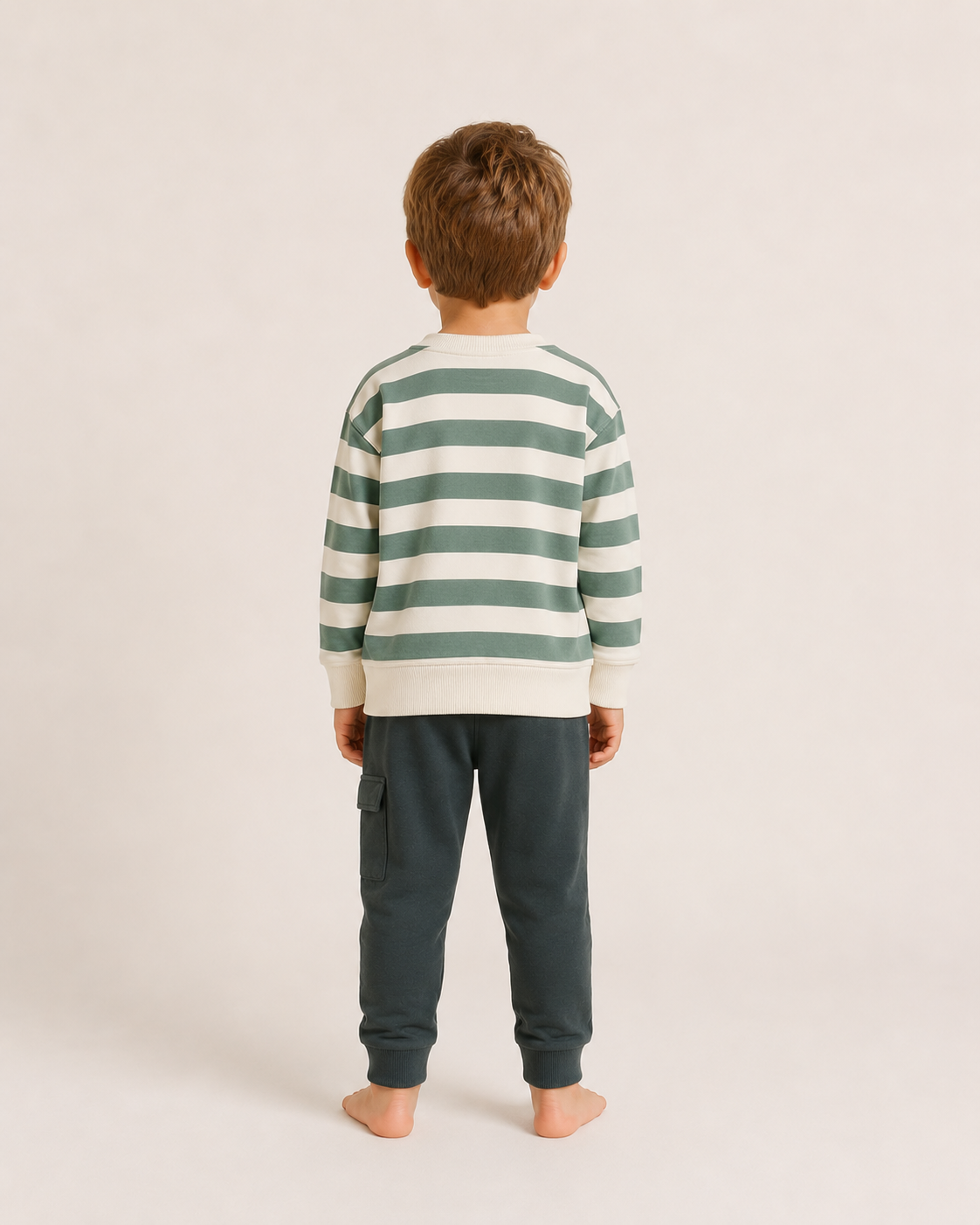 Conjunto Infantil de Algodón Niño con Sudadera de Rayas Verde y Blanco - Imagen 3