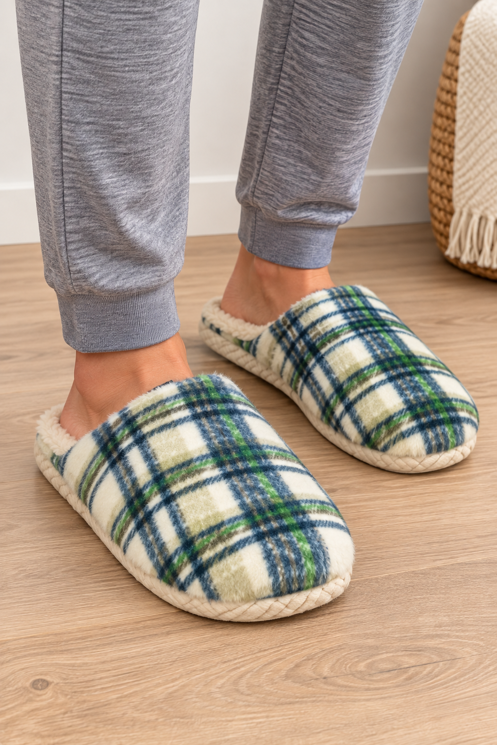 Zapatillas de casa mujer de cuadros – Beige, verde o marrón - Imagen 2