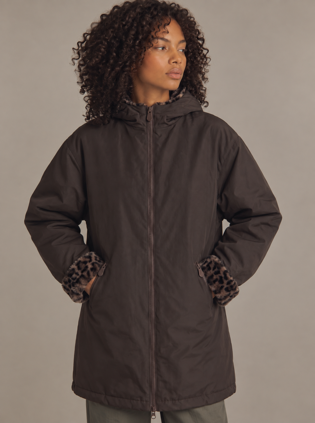Abrigo reversible de mujer LOSAN impermeable y polar animal print